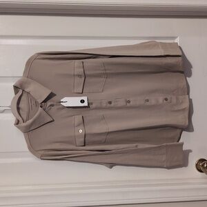 Universal Standard Ava Cotton Jersey Button Down Shirt - Tan Size M (18-20)